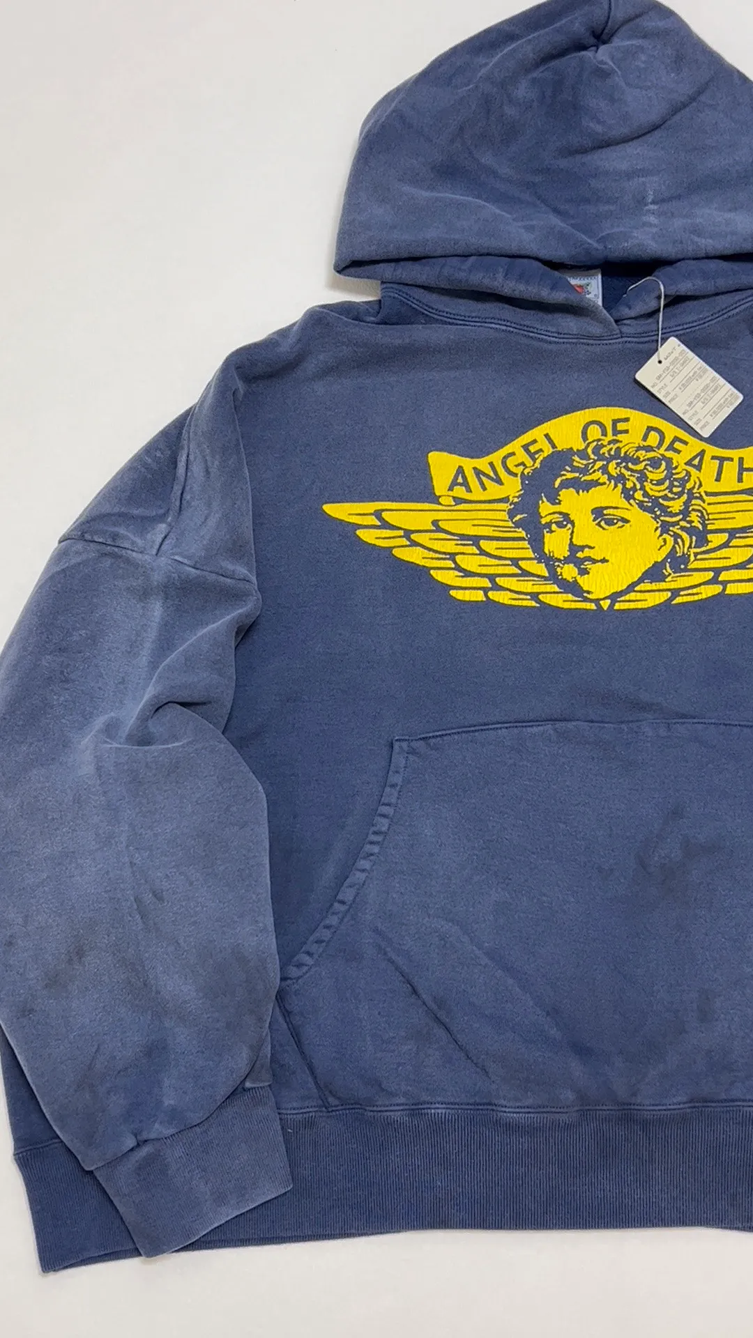 SAINT M×××××× ANGEL HOODIE/NAVY Angel Reborn Blue Hoodie Washed Blue S-XL Assute Garment Dyeing Full Clothes Water Fading Mud Dyeing Dirty Distress New Vintage Ceiling God Tailoring Original Super Loose Fit Customized Original Accessories God-level Print Restoration